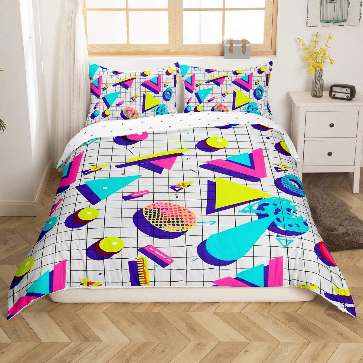 Retro 80s Style Bedding Set Twin,Abstract Geometric Pattern Duvet